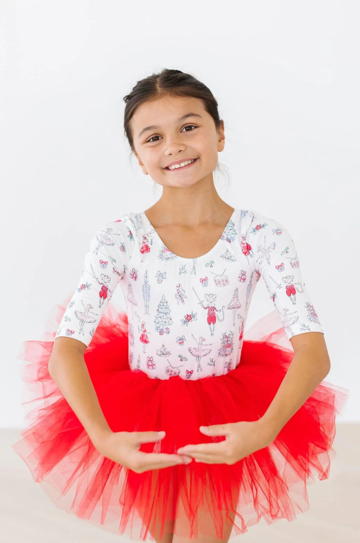Mila & Rose holiday red tutu leotard for girls with white 3/4 sleeve top and festive print