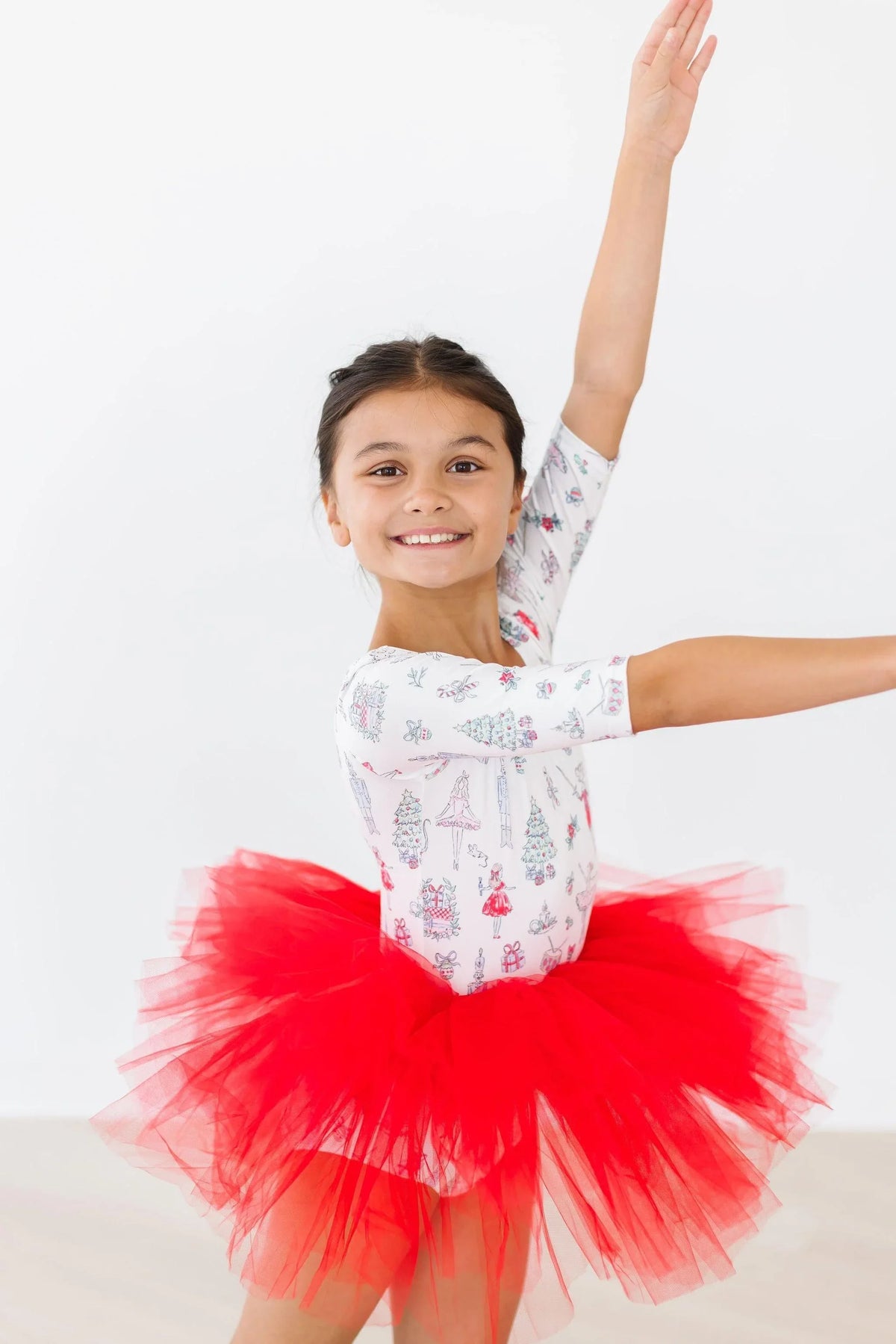 Holiday red tutu leotard for girls with 3/4 sleeves and festive winter print size for young girls