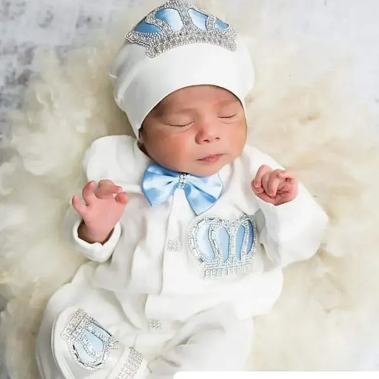 Newborn baby white homecoming baby outfit set with blue crown details and matching hat