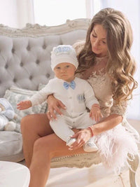 White homecoming baby outfit set for 0-6 months with blue bow tie and crown embroidery