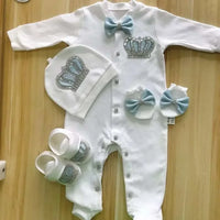 White homecoming baby outfit set with blue bows and rhinestone crown details for newborns