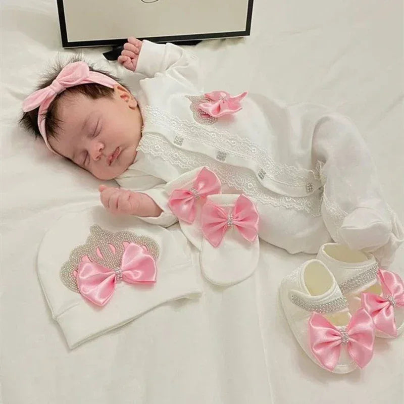 newborn white homecoming baby outfit set with pink bows includes hat mittens and booties