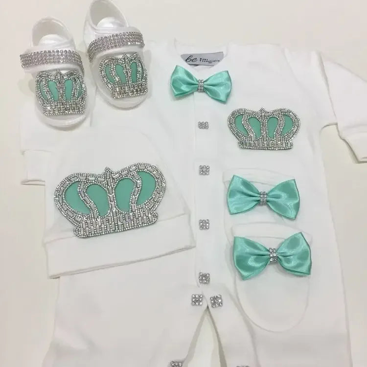 White homecoming baby outfit set with mint green crown appliques and bows for infants