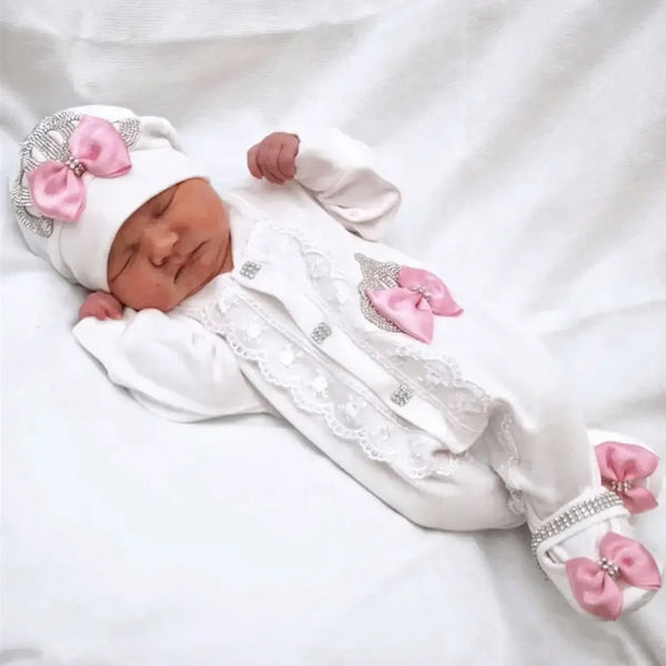 white homecoming baby outfit set for newborn with pink bow and silver crown details