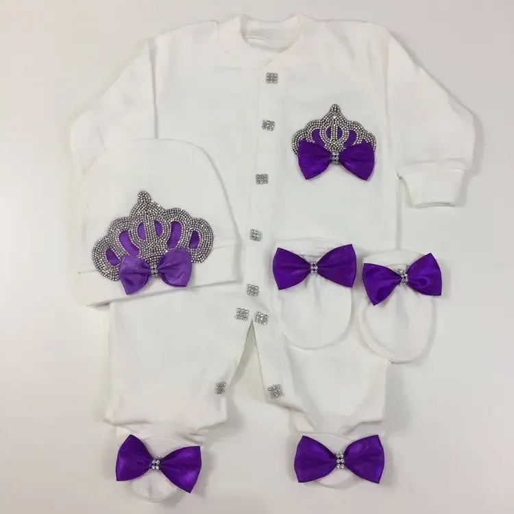 White homecoming baby outfit set with purple bow and crown embellishments for newborns