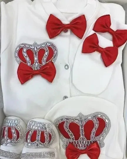 White homecoming baby outfit set with red bows and rhinestone crown details for newborns