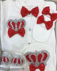 White homecoming baby outfit set with red bows and rhinestone crown details for newborns