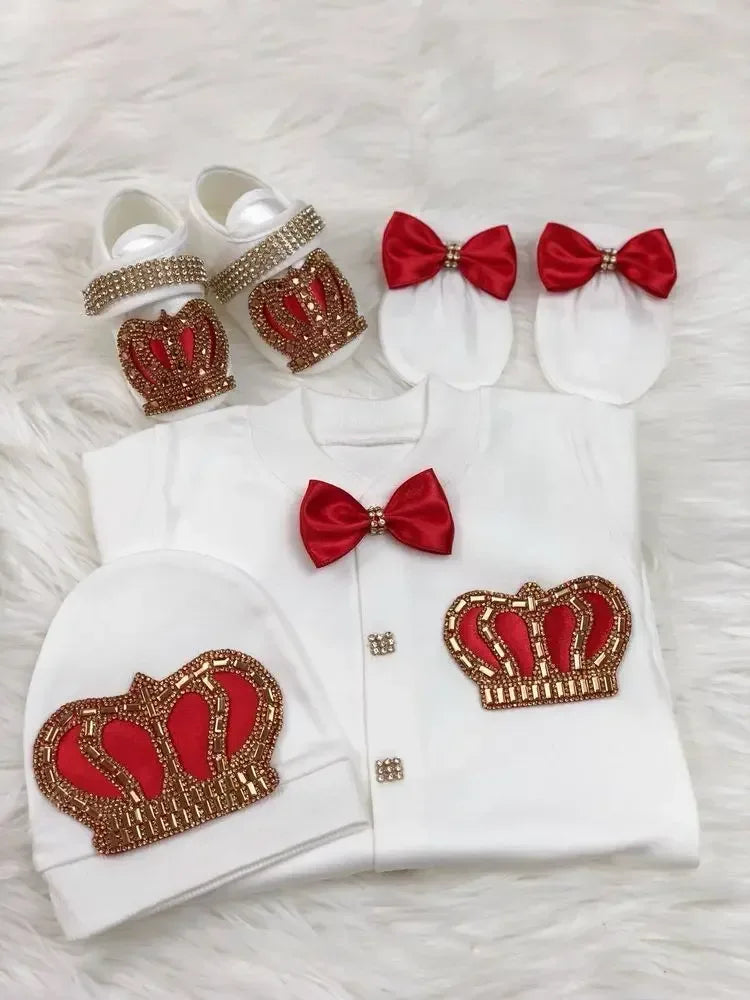 white homecoming baby outfit set with red crown embellishments and red bow accents for newborns