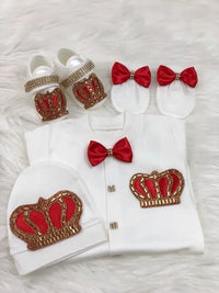 white homecoming baby outfit set with red crown embellishments and red bow accents for newborns