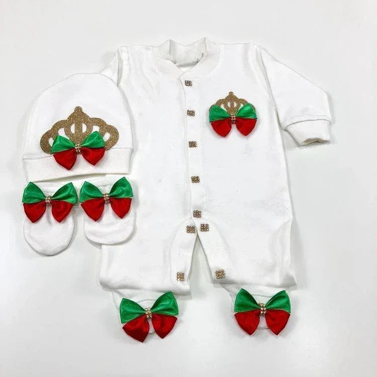 White homecoming baby outfit set for newborns with red and green bows and gold crown detail