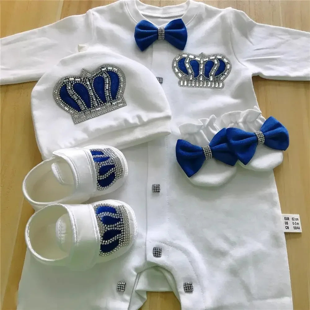 White homecoming baby outfit set with blue jeweled crown accents and blue bow ties for newborns