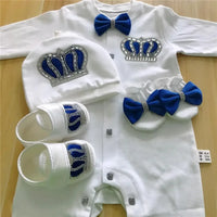 White homecoming baby outfit set with blue jeweled crown accents and blue bow ties for newborns