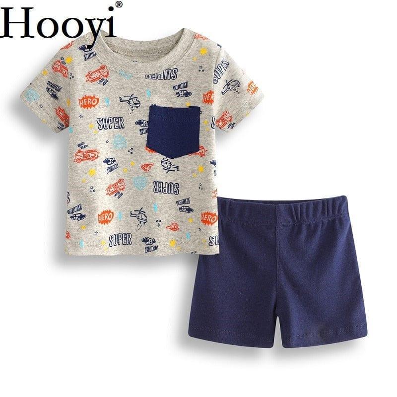 boys grey and navy childrens summer shorts set with printed top and solid pocket for toddlers