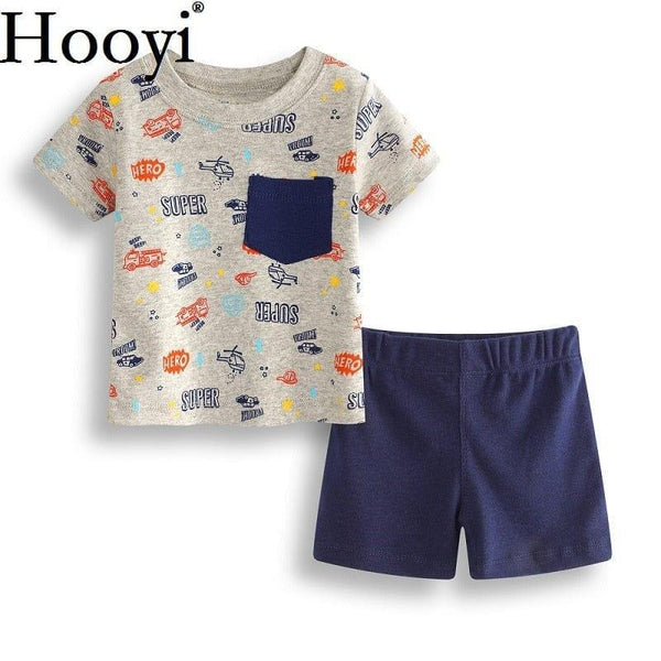 boys grey and navy childrens summer shorts set with printed top and solid pocket for toddlers