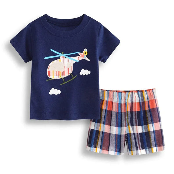 Navy blue boys t-shirt with helicopter print and multicolor plaid shorts childrens summer shorts set