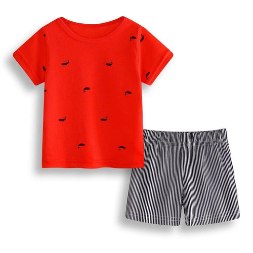 Toddler red short sleeve shirt with black whale prints and black white striped shorts childrens summer shorts set
