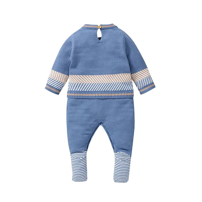 Blue babies horse themed baby romper with long sleeves and striped cuffs for infants