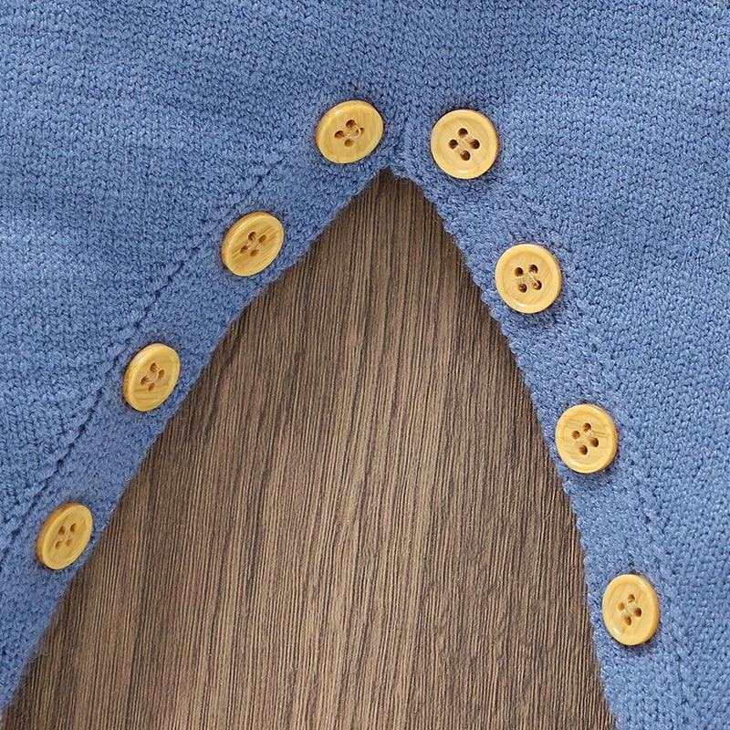 blue horse themed baby romper for infants with yellow button details along the leg openings