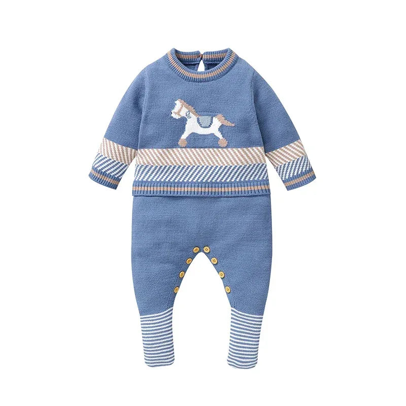 blue horse themed baby romper with striped cuffs and button details for infants