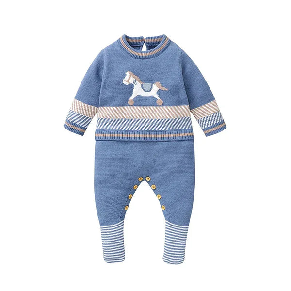 blue horse themed baby romper with striped cuffs and button details for infants