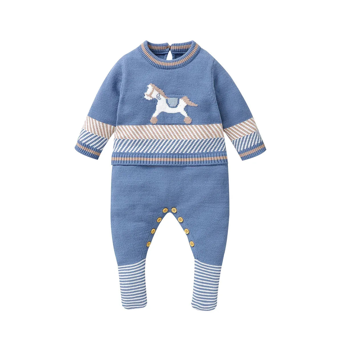 blue horse themed baby romper with long sleeves and button details for infants