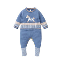 blue horse themed baby romper with long sleeves and button details for infants