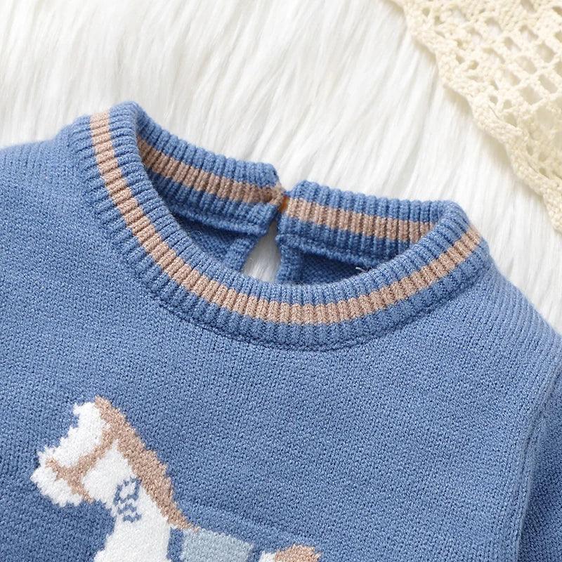 Blue horse themed baby romper for infants with striped knit collar and horse design