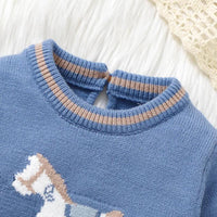 Blue horse themed baby romper for infants with striped knit collar and horse design