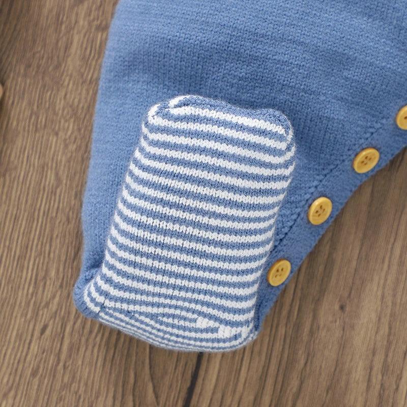 blue horse themed baby romper with striped foot and wooden buttons for infants