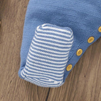 blue horse themed baby romper with striped foot and wooden buttons for infants