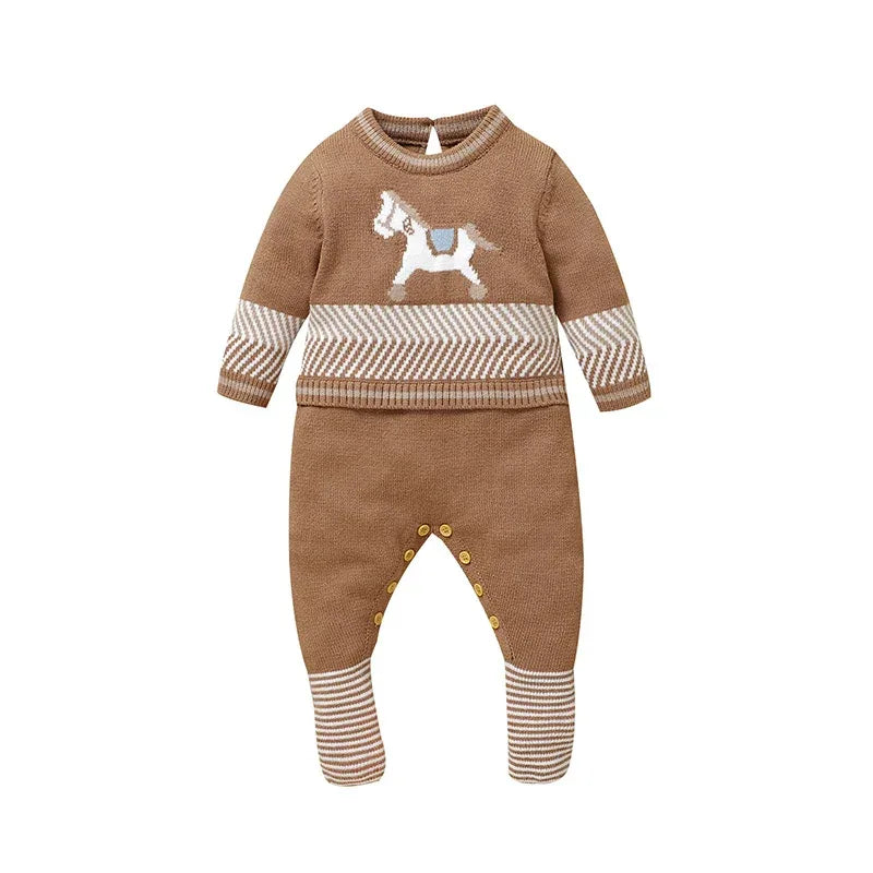 brown horse themed baby romper for infants with long sleeves and striped cuffs