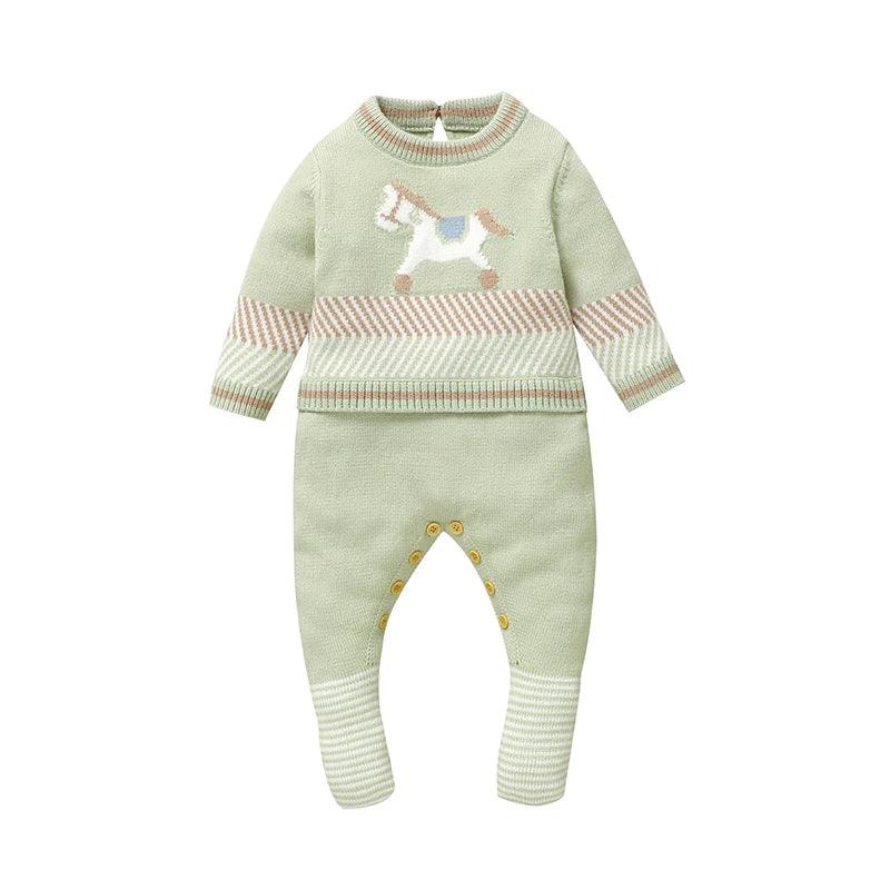 green horse themed baby romper for infants with long sleeves and button details