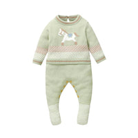 green horse themed baby romper for infants with long sleeves and button details