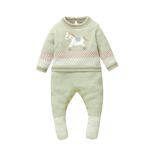 green horse themed baby romper for infants with long sleeves and button details