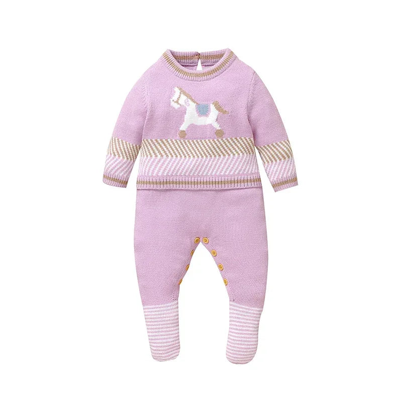 Lavender horse themed baby romper for infants with long sleeves and striped cuffs