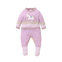 Lavender horse themed baby romper for infants with long sleeves and striped cuffs