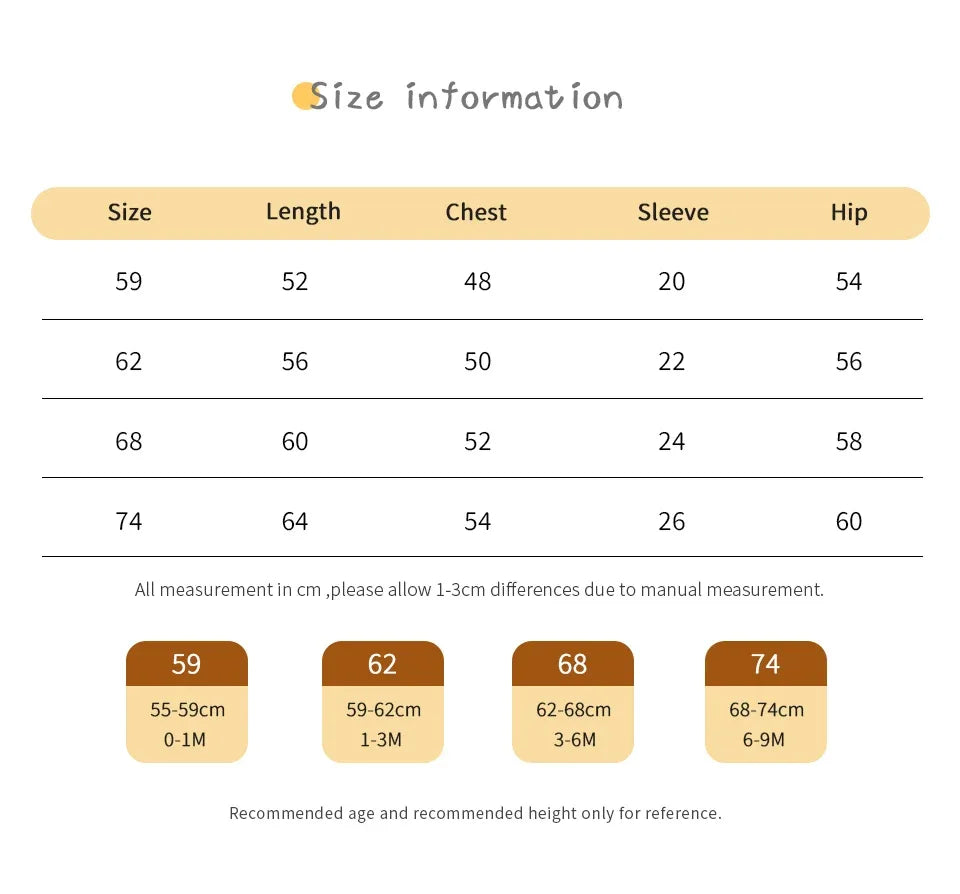 Baby size chart for horse themed baby romper showing length chest sleeve and hip measurements in centimeters