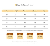 Baby size chart for horse themed baby romper showing length chest sleeve and hip measurements in centimeters