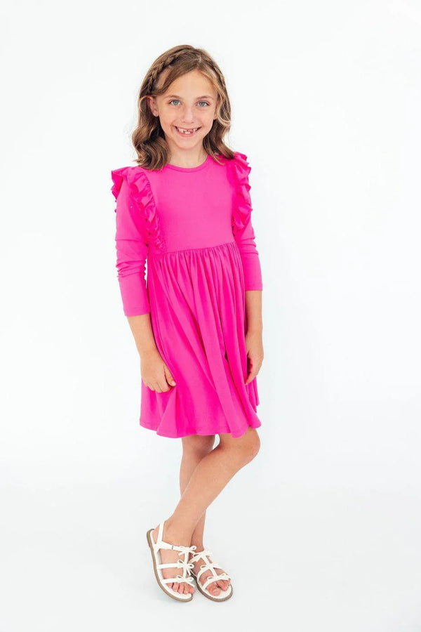 Girls hot pink ruffle dress long sleeve twirl style by Mila & Rose for kids