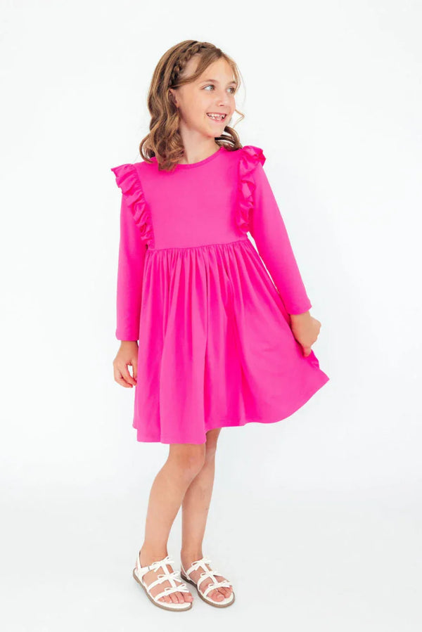 Girls hot pink ruffle dress for girls long sleeve twirl dress with shoulder ruffles