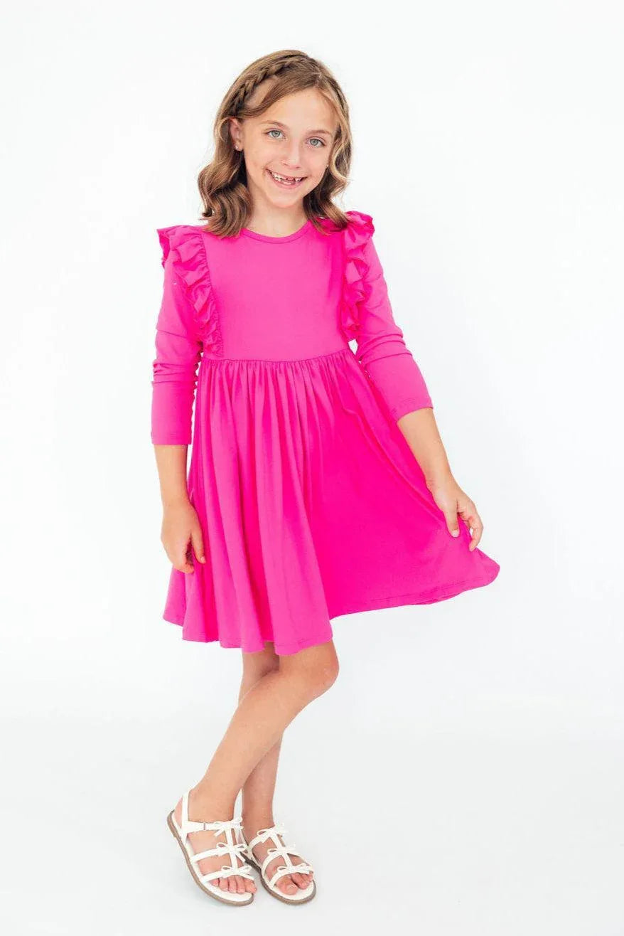 Girls hot pink ruffle dress for girls with long sleeves and twirl skirt