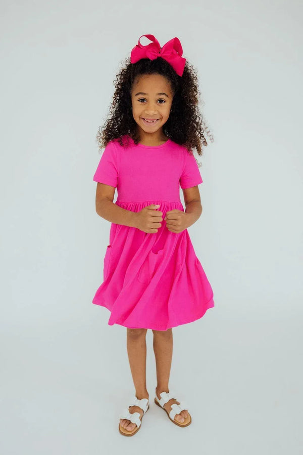 Girls hot pink twirl dress for girls with short sleeves and gathered waist by Mila & Rose