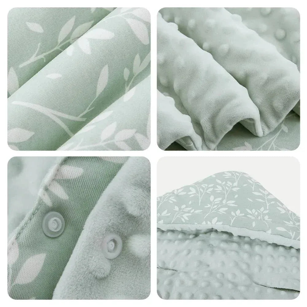 Light green ultra soft baby swaddle blanket made of plush and breathable fabric with leaf pattern