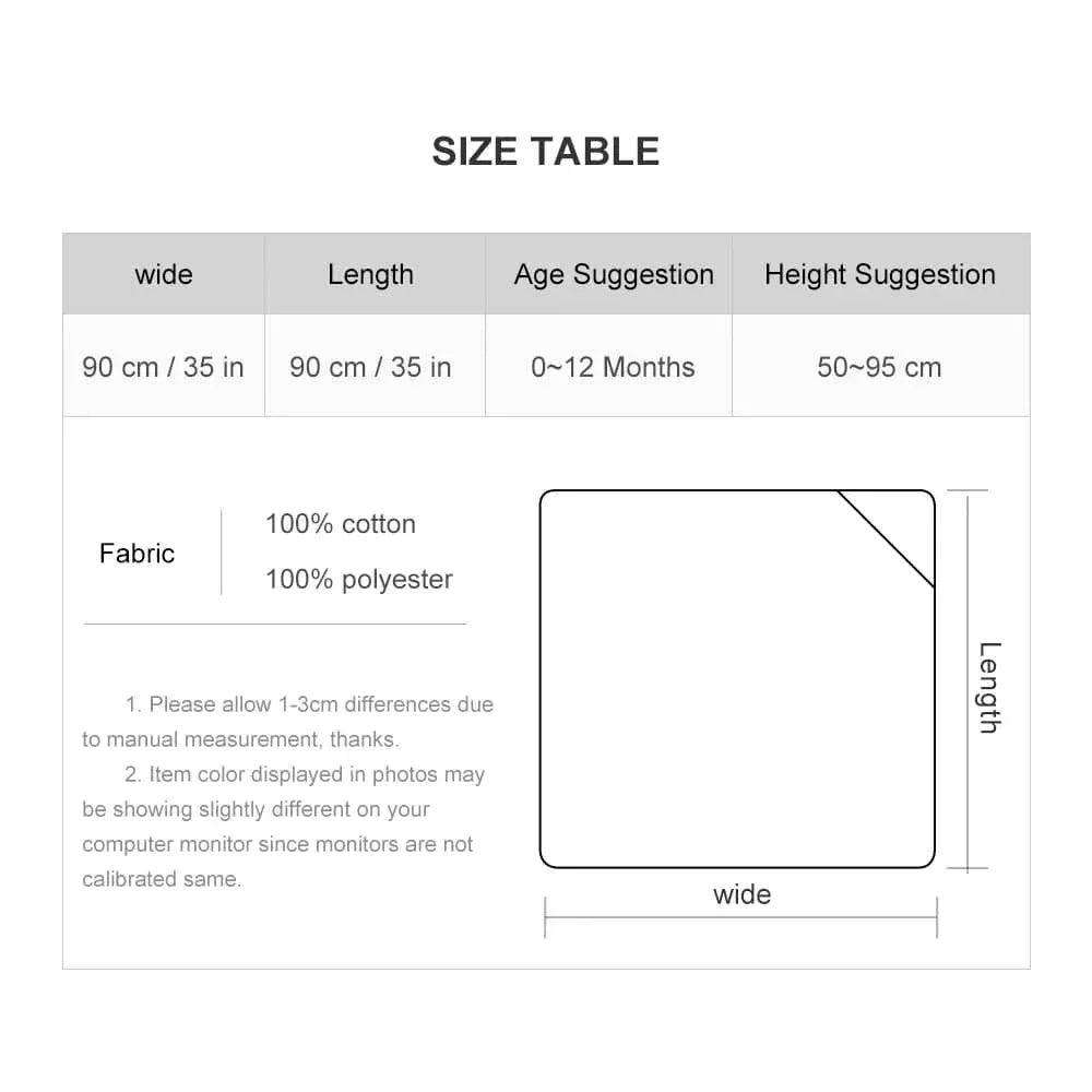 Size chart for ultra soft baby swaddle blanket made of 100% cotton and 100% polyester for infants 0 to 12 months