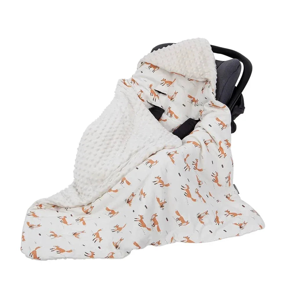 White and brown ultra soft baby swaddle blanket with fox print and plush minky fabric