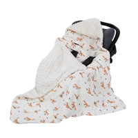 White and brown ultra soft baby swaddle blanket with fox print and plush minky fabric