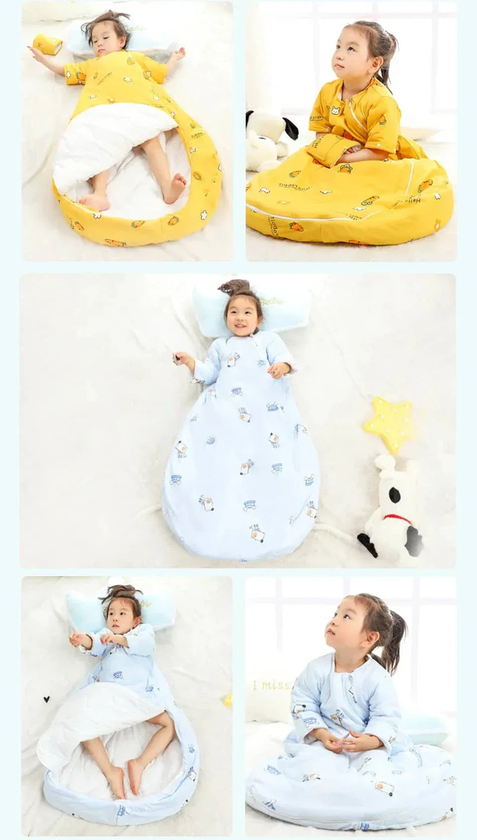 Toddler wearing yellow zippered sleeping bag for kids lying down and sitting, baby in blue zippered sleeping bag for kids lying and sitting