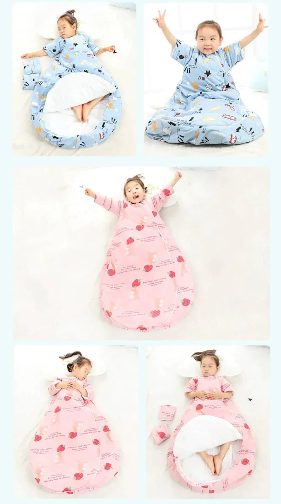 toddler boy wearing blue zippered sleeping bag for kids with star and car print lying and sitting up, toddler girl in pink zippered sleeping bag for kids with heart patterns lying and sitting up