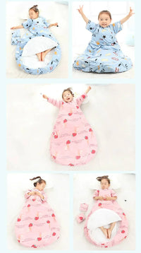 toddler boy wearing blue zippered sleeping bag for kids with star and car print lying and sitting up, toddler girl in pink zippered sleeping bag for kids with heart patterns lying and sitting up
