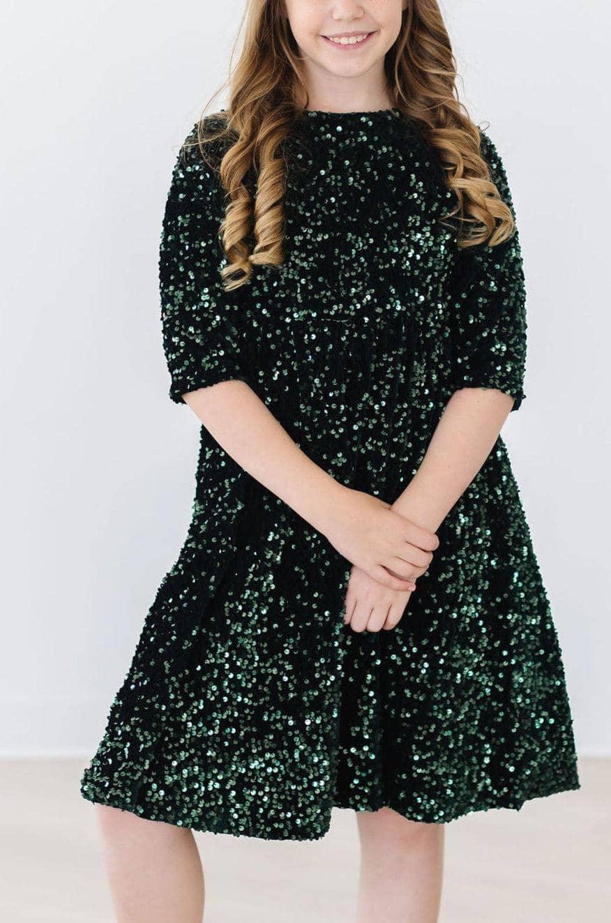 Hunter green sequin dress for girls by Mila & Rose with half sleeves and fitted waist